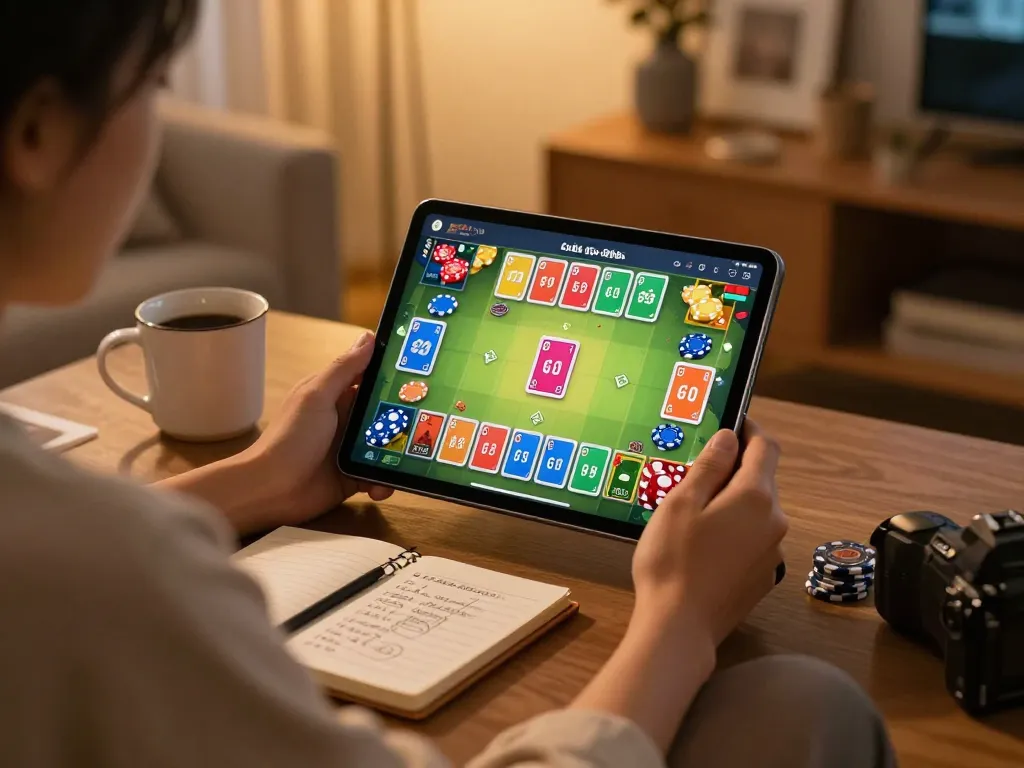 Engaged player using tablet for game bài go88 at home, highlighting vibrant gaming interface and cozy atmosphere.
