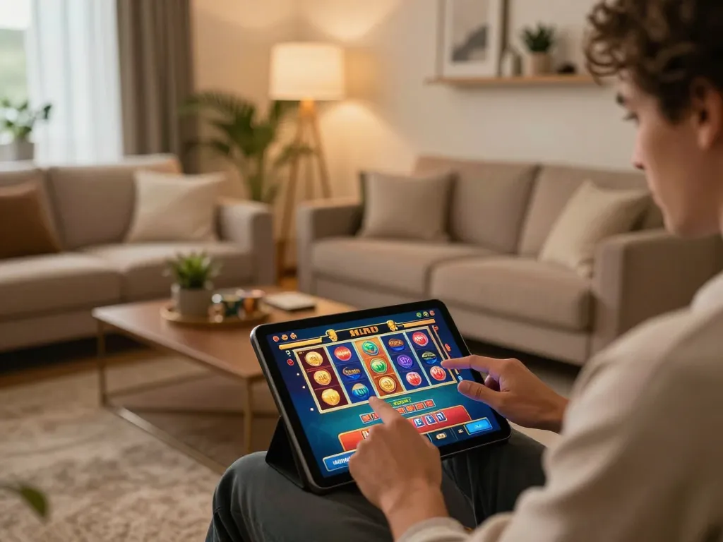 Engaging with the 888NEW casino app on a tablet in a cozy home setting for online gaming.