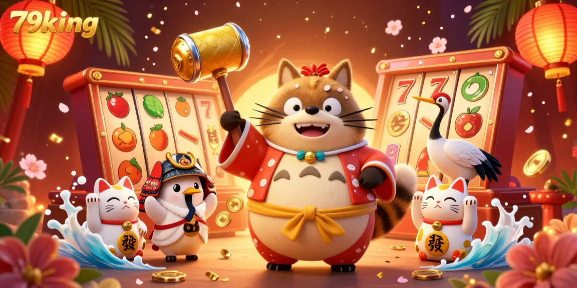 Experience thrilling casino action with 79king's vibrant illustration featuring traditional characters and slot games.