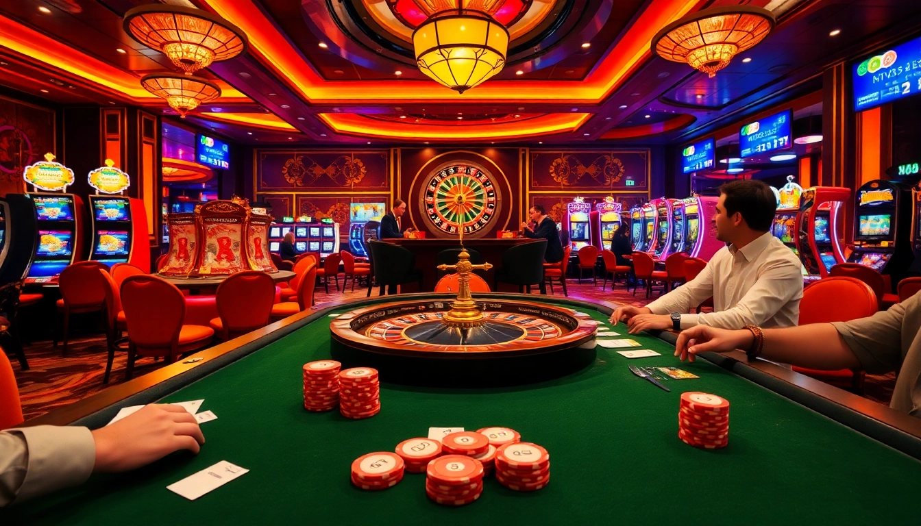 Experience the thrill of luck8 at a vibrant casino scene with poker tables and slot machines.