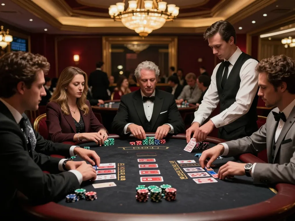 Players at hitclub blackjack table strategizing their bets in an upscale casino atmosphere