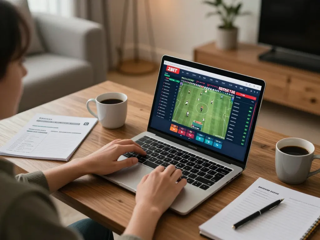 Engaging in ZBET online sports betting with live match updates on a laptop