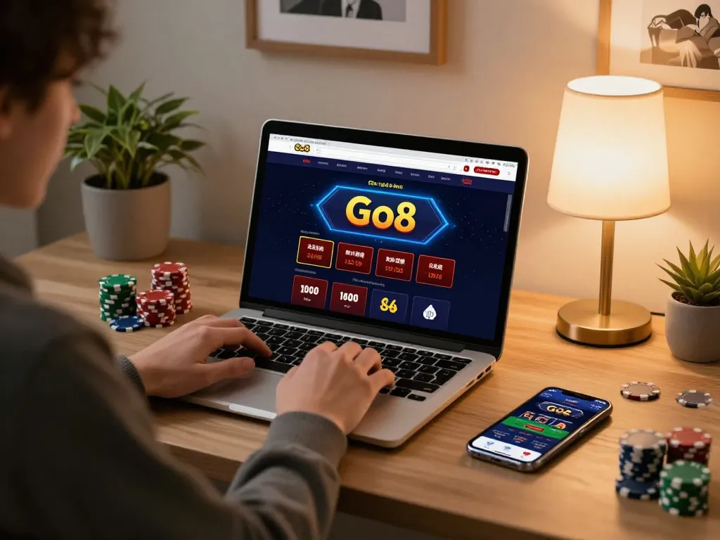 Engaging online gaming session with Go8 casino interface, warm home atmosphere, and strategic focus.