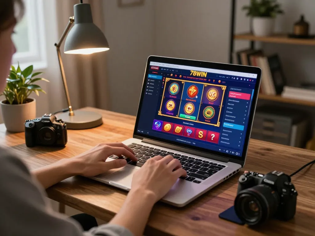 Players engaging with the 78WIN online casino platform, showcasing excitement in a home setting.