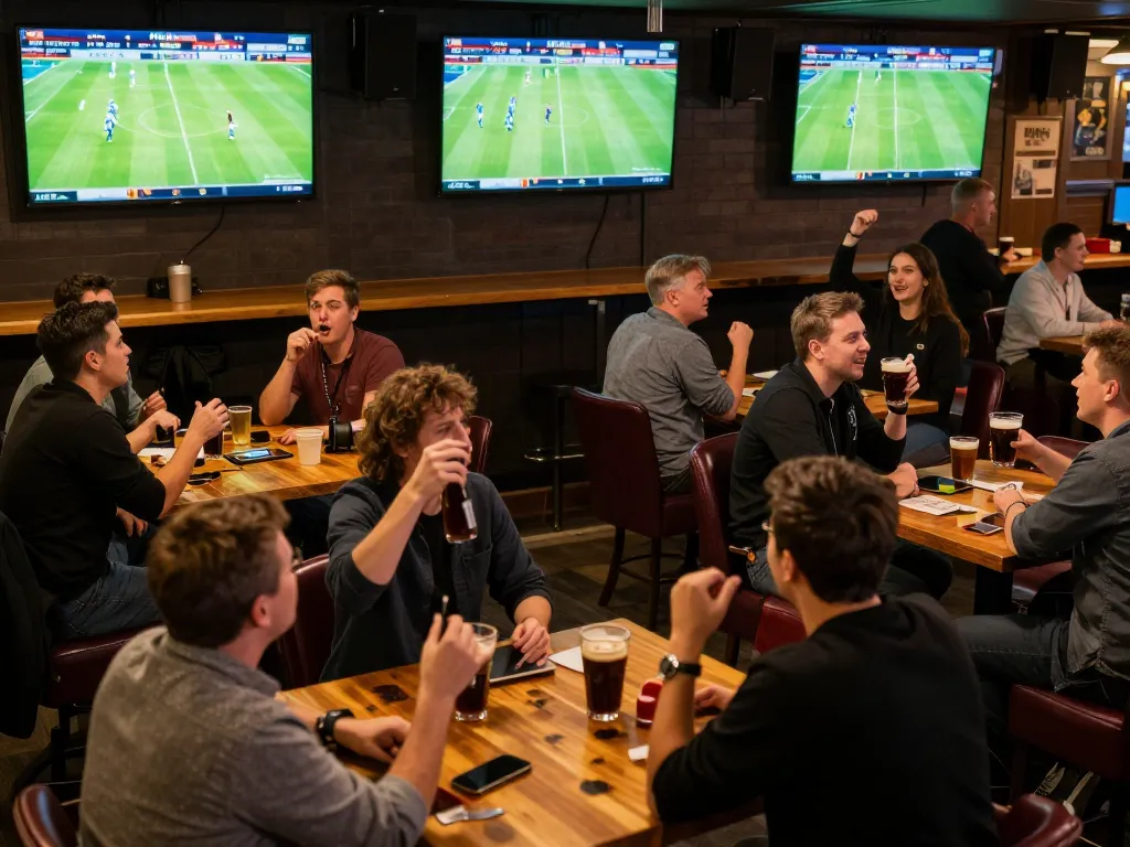 Sports fans engaging in betting strategies at keobongdatoday, enjoying live football games with drinks