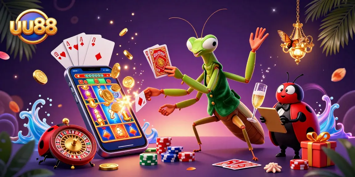 Engage with the dynamic gameplay at uu88 featuring a vibrant casino scene with animated characters and slot games.