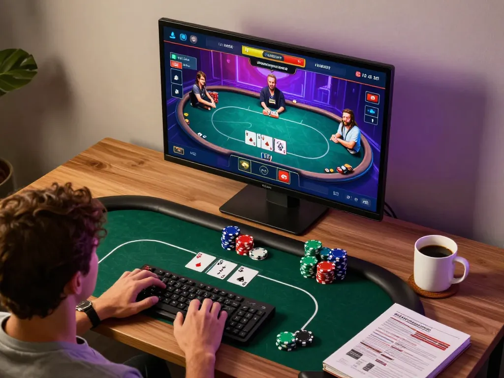 Active online poker gameplay at F168, showcasing player cards and strategy notes in a modern gaming setup.