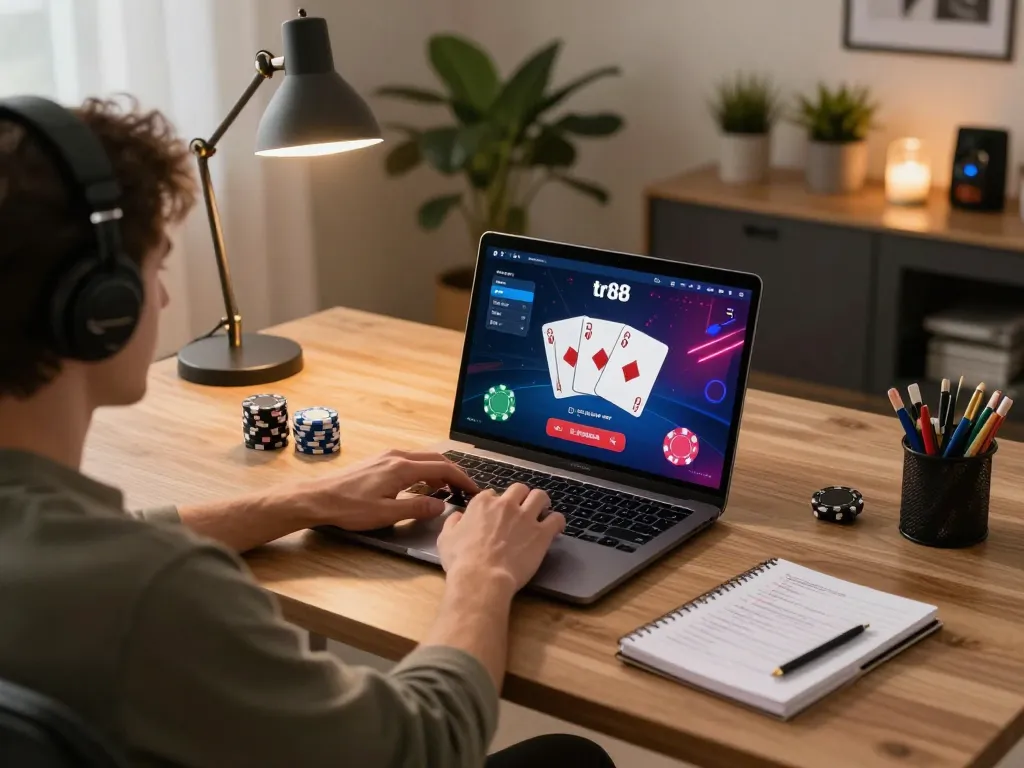 Player engaged in strategic poker on tr88 platform in cozy home setup