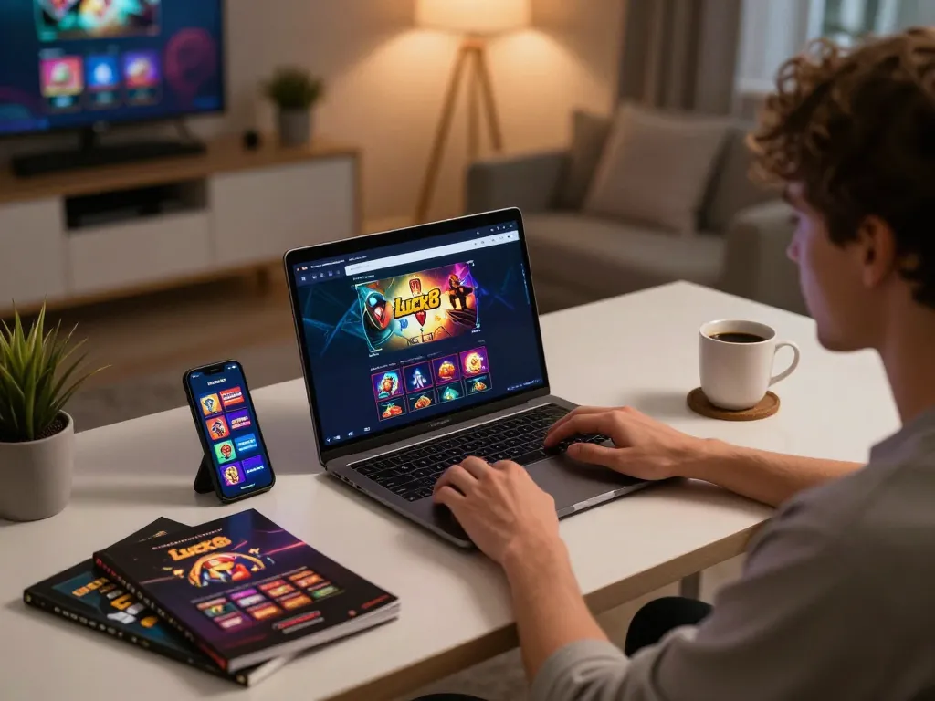 Enjoying a gaming session on Luck8 online platform with strategic notes and a cozy home setup