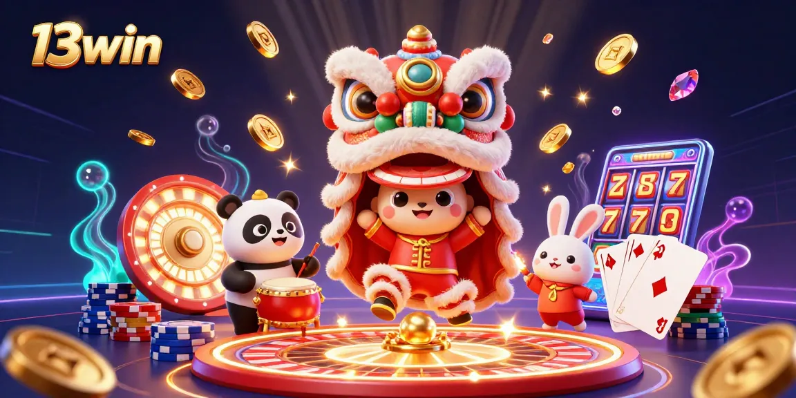 Experience the thrill of winning at 13win with vibrant casino action featuring a lion dance and festive characters.