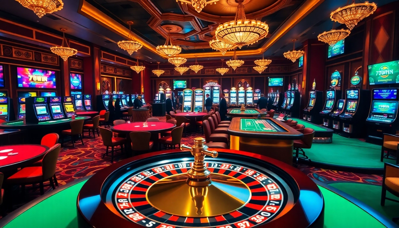Experience the vibrant atmosphere of 78WIN's luxurious casino scene with roulette and slot machines.