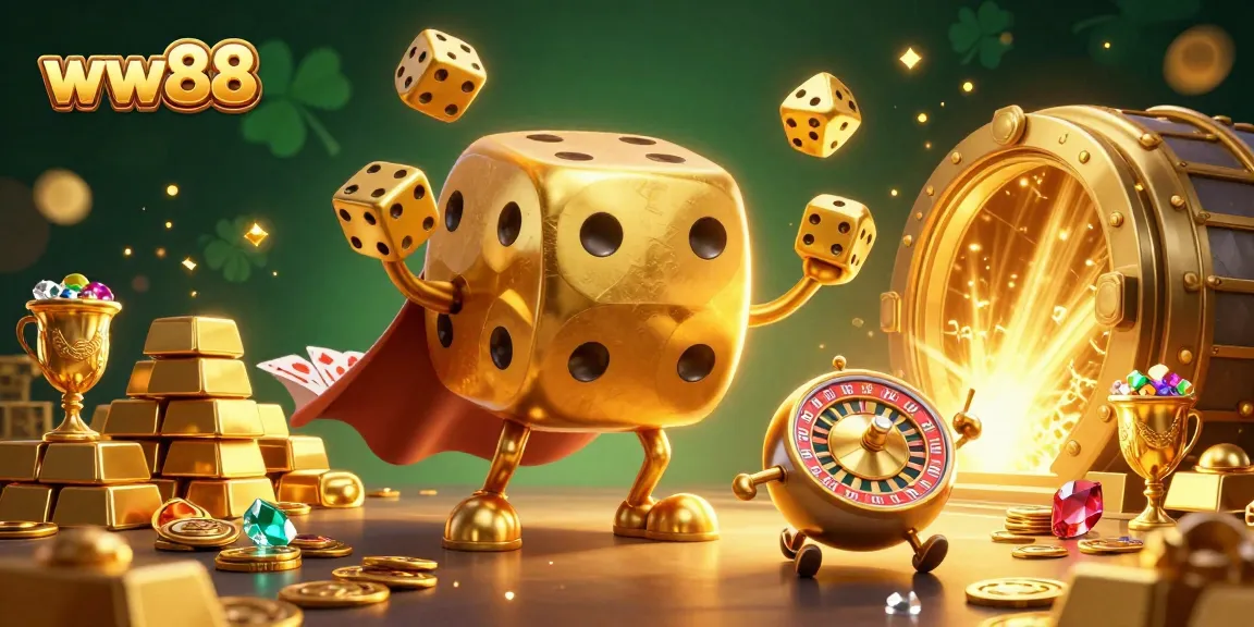 Engage in excitement at ww88 with a dynamic scene showcasing casino elements and golden treasures.
