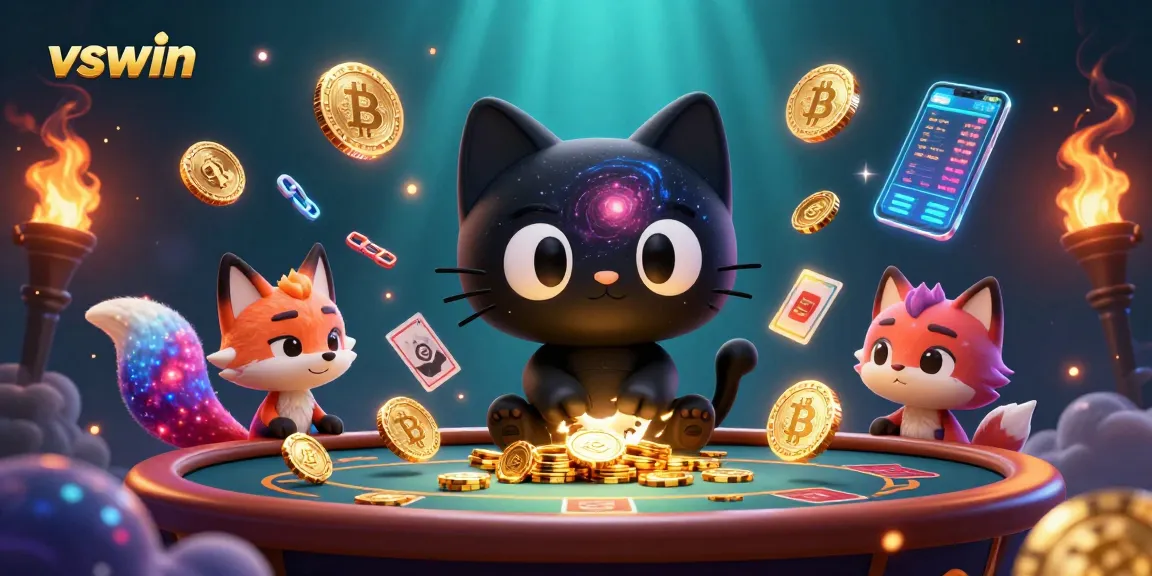 Engage in thrilling gaming with vswin, featuring a cosmic casino scene with iconic characters and crypto elements.