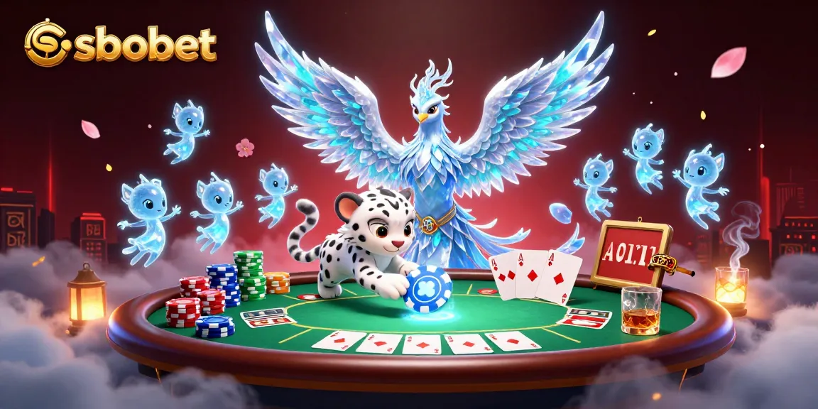 SBOBET showcases thrilling poker action with a vibrant scene of an ice phoenix and playful characters