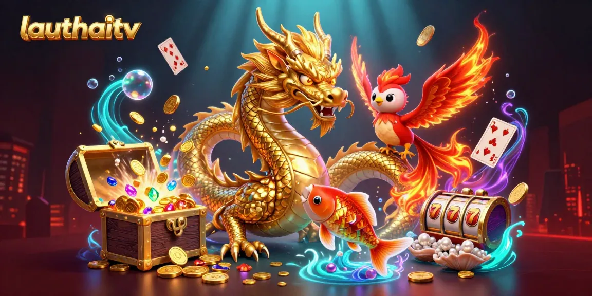 Win big at lauthaitv with a fierce dragon and phoenix amidst vibrant casino treasures.