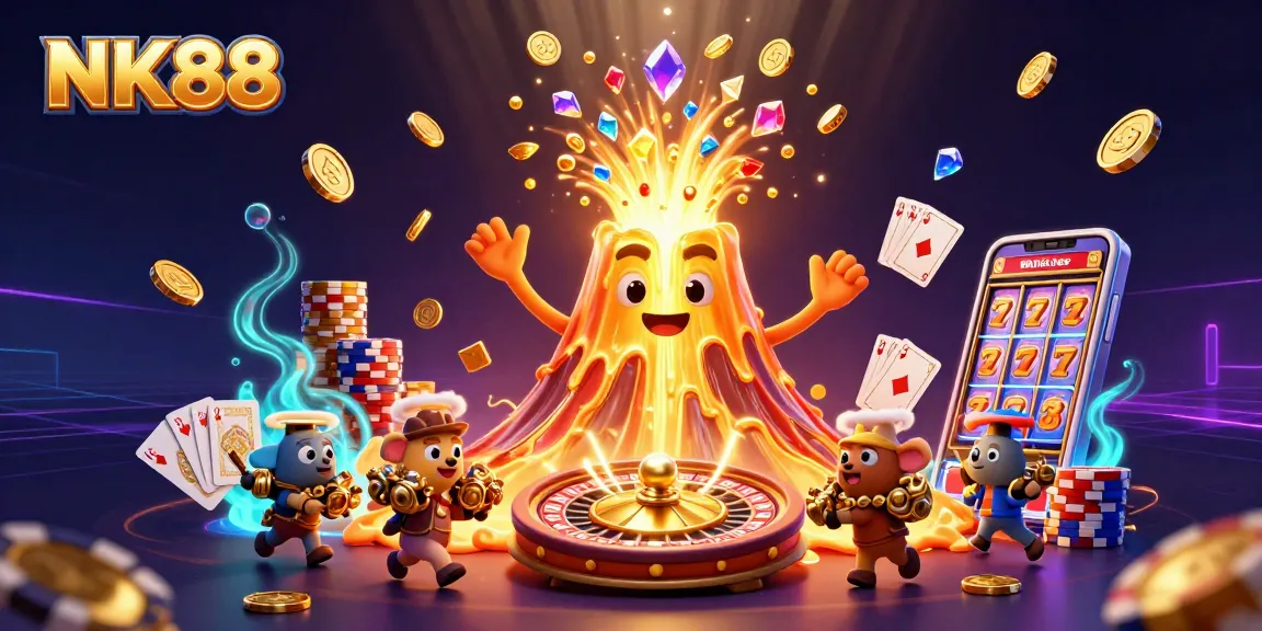 Experience the thrill of adventure with NK88 as animals escape a golden volcano showering riches.