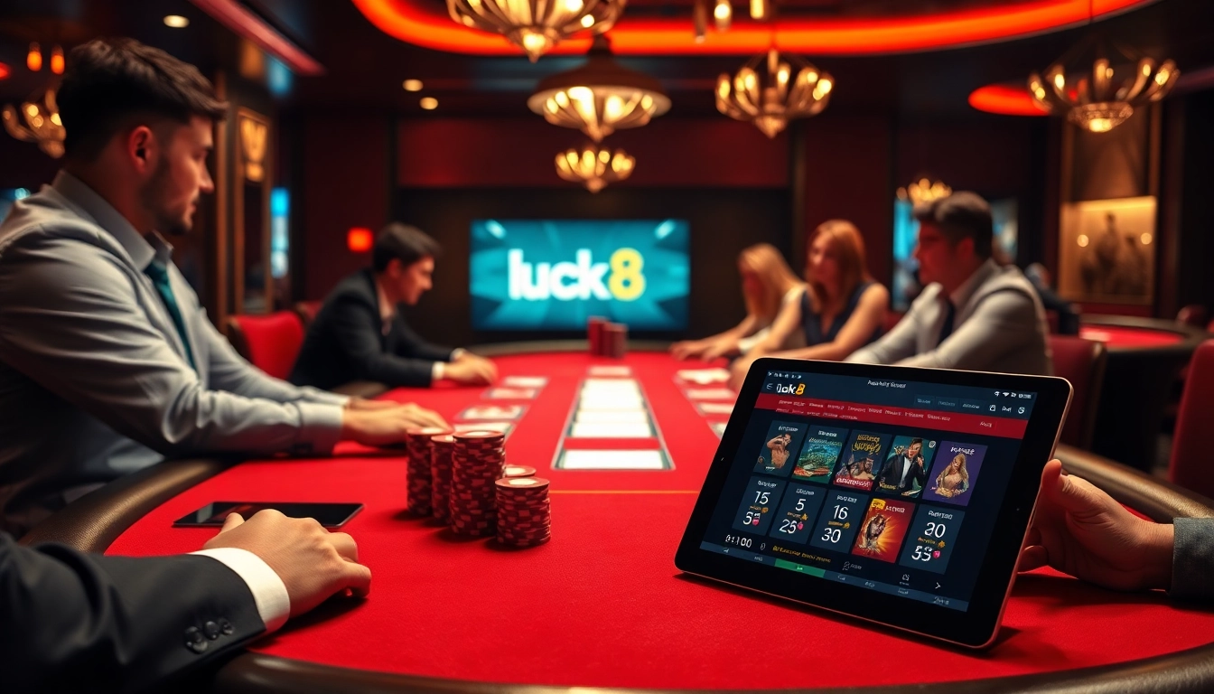Players enjoying a high-stakes poker game at a casino featuring the luck8 net platform for online gambling.