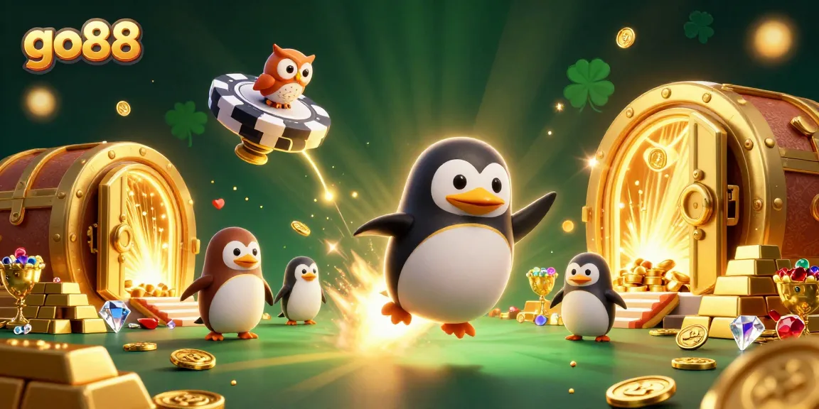 Experience go88's thrilling adventure as a golden penguin launches into a dynamic casino space!