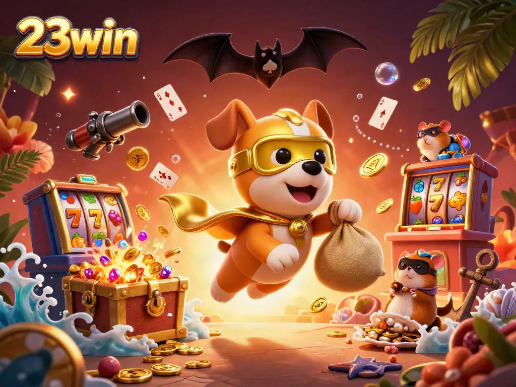 Experience the thrill of 23win with a superhero dog and hamster amidst exploding treasures and slot machines.