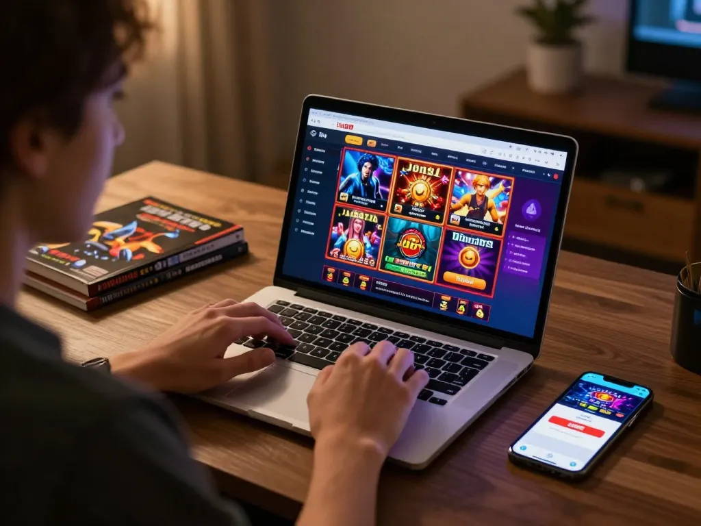 Engaging in online gaming with jun88 platform, showcasing laptop interface and smartphone.