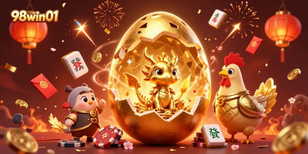 Engage with 98win01 through vibrant 3D casino-themed illustration showing a golden dragon and poker chips.
