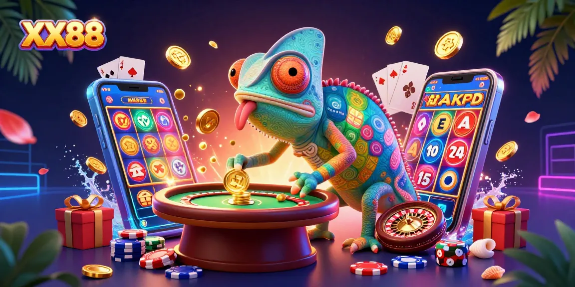 Engage with the vibrant casino experience at XX88, featuring a chameleon owner amidst games and excitement.