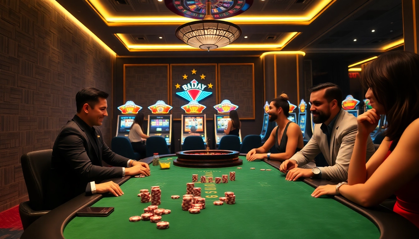Engaged players strategizing at a luxurious poker table, capturing 8DAY's casino excitement.