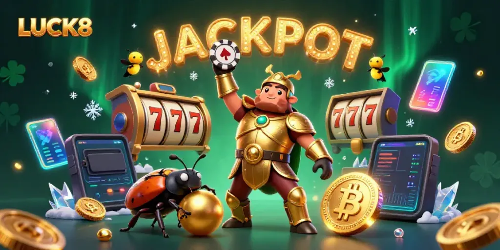 LUCK8 shows a victorious beetle lifting a poker chip amid slot reels and cryptocurrencies.