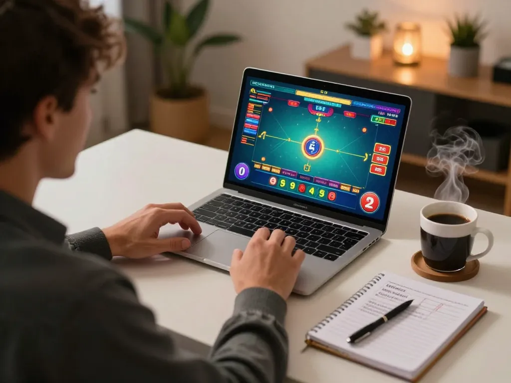 Luck8 player enjoying an online baccarat game with strategic notes at home.
