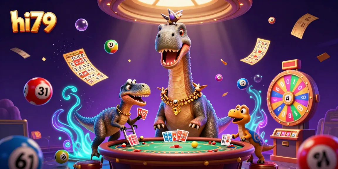 Join the excitement at hi79 with a brontosaurus and raptor in a vibrant casino scene filled with games.