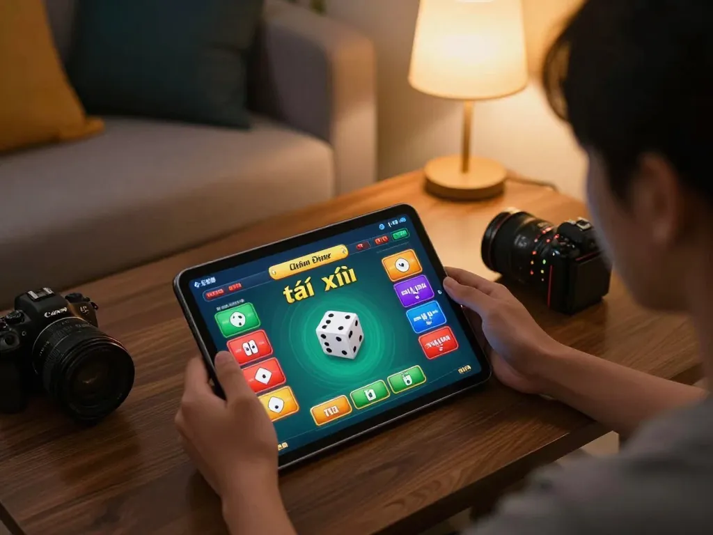 Engaging in tài xỉu online with a tablet in a cozy home setting, showcasing strategic gameplay