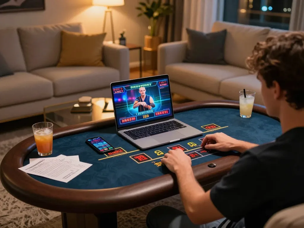 Cá cược TA88 in action as a player engages with a live dealer game on a laptop at home.
