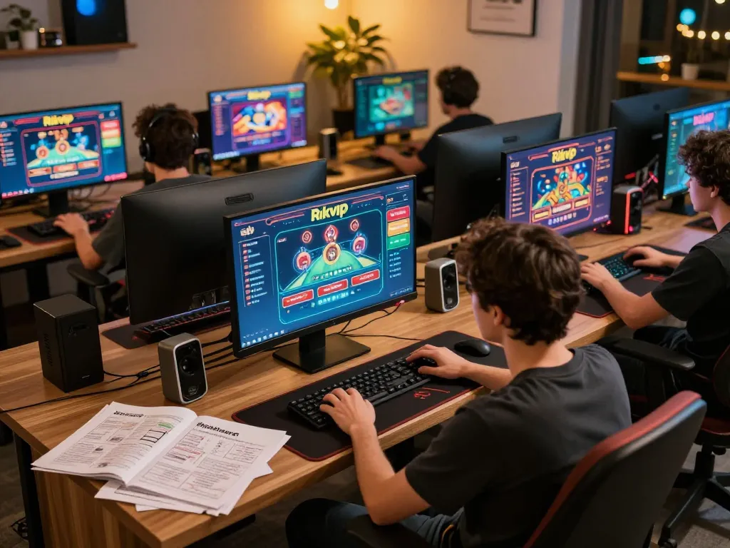 Engaging player enjoying a Rikvip online casino game on multiple screens in a cozy home setup