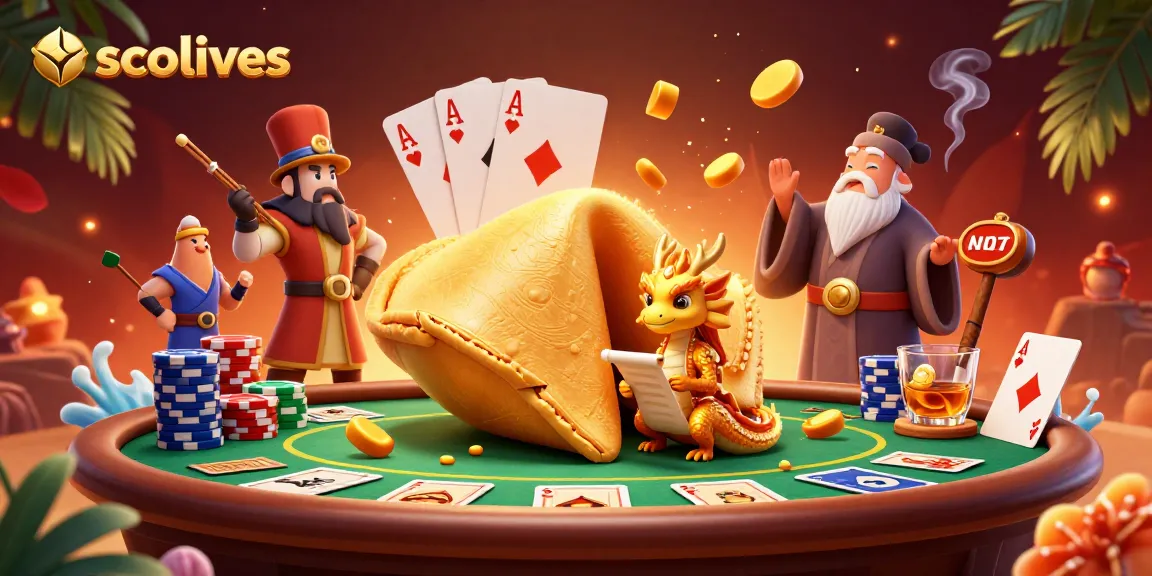 Socolives offers a vibrant, engaging scene with wise dragon and fortune cookie in a rich casino atmosphere.