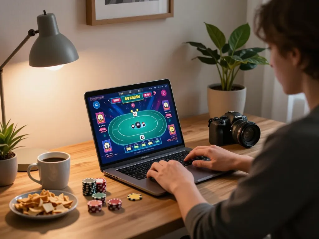 Engaging online poker gameplay with RED88 on a laptop, featuring snacks and strategic notes.