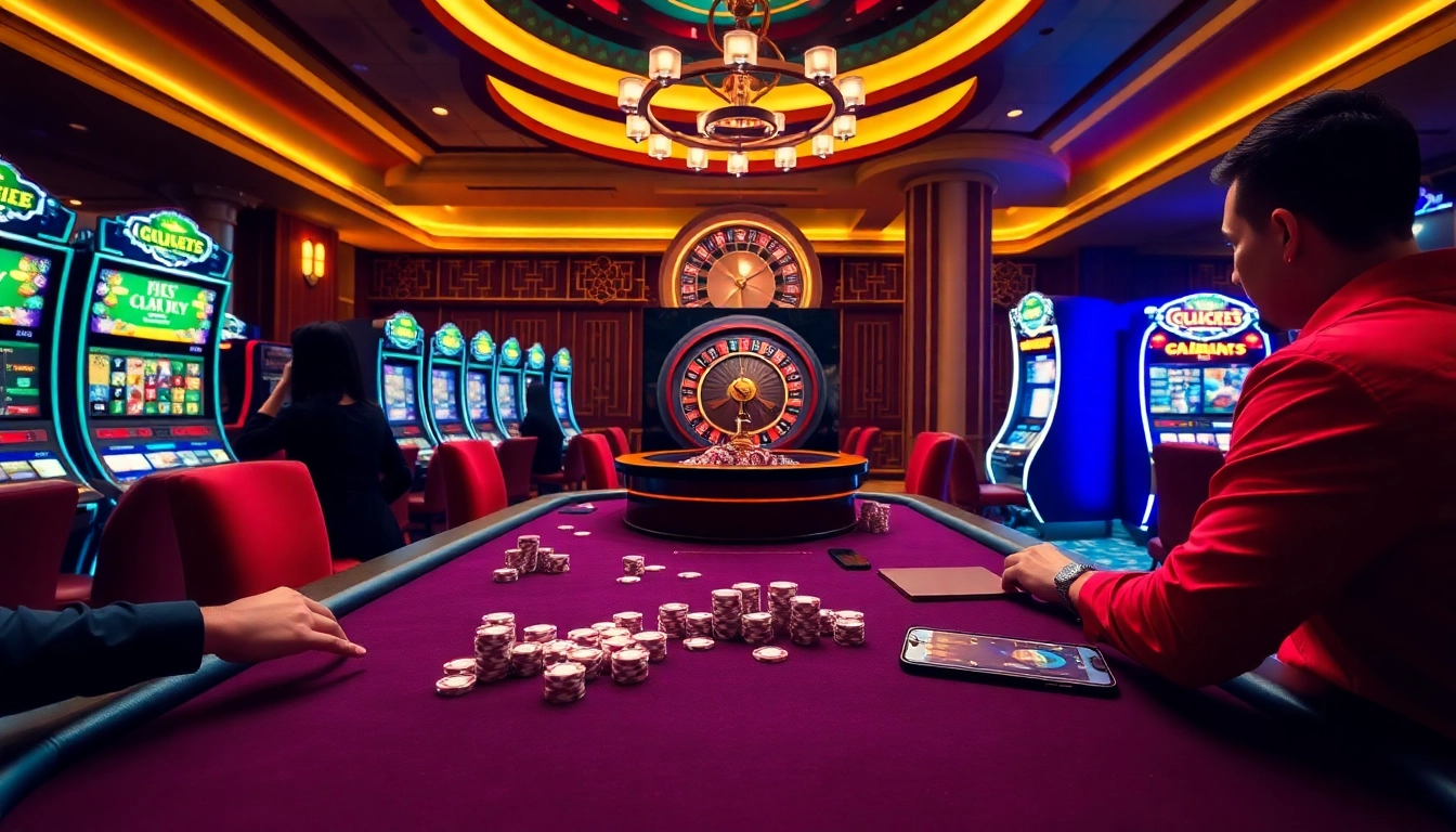 Experience the thrill of betting at https://mm88.vin/ with vibrant casino visuals showcasing poker tables and slot machines.