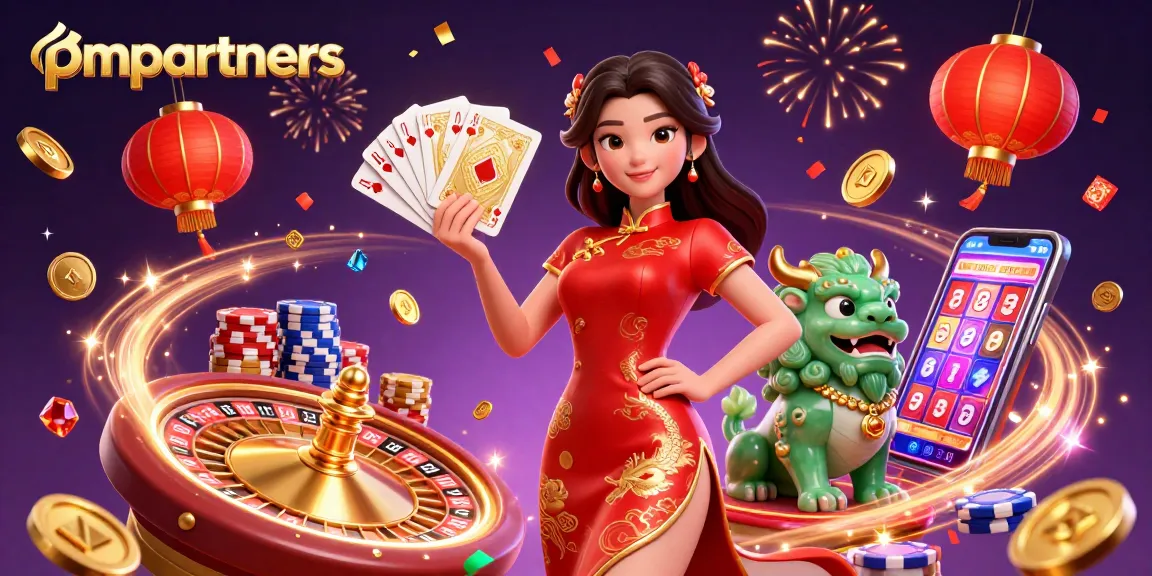 Engage with online casino excitement at pmpartners, featuring a vibrant scene of elegant characters and gambling elements.