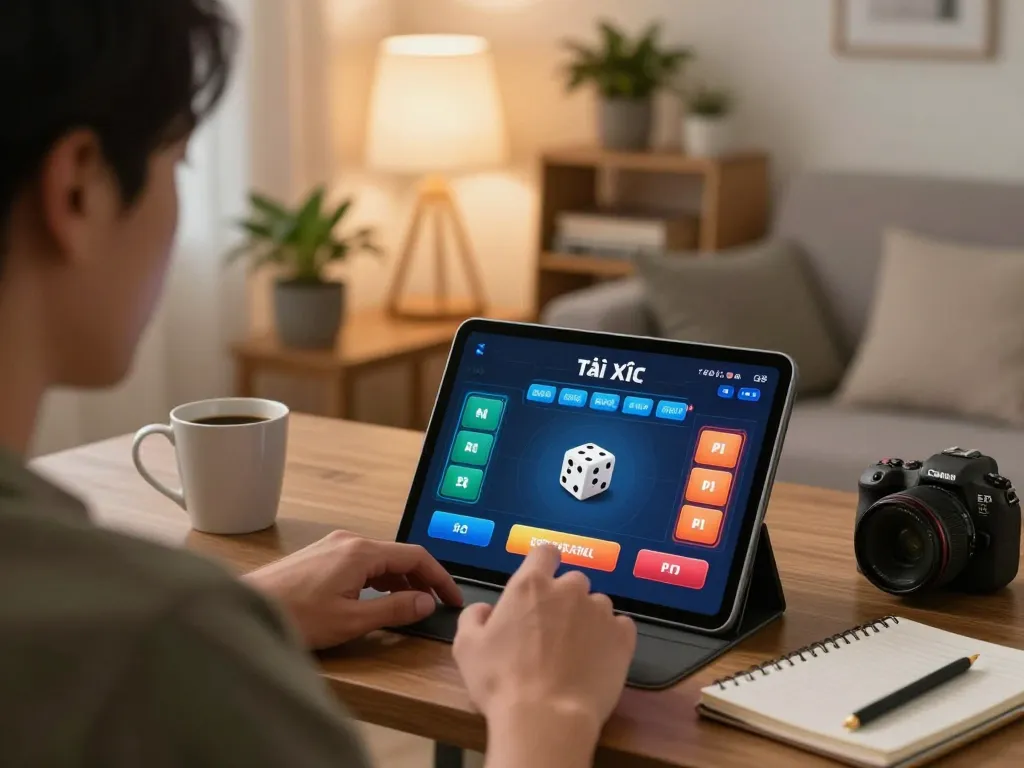 Taking part in Tài Xỉu gameplay on taixiuonline8 app, featuring cozy home environment and strategy notes.