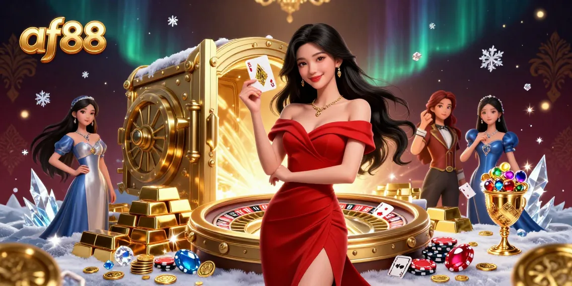Experience excitement with af88 as a confident Asian woman stands by a roulette wheel surrounded by treasures.
