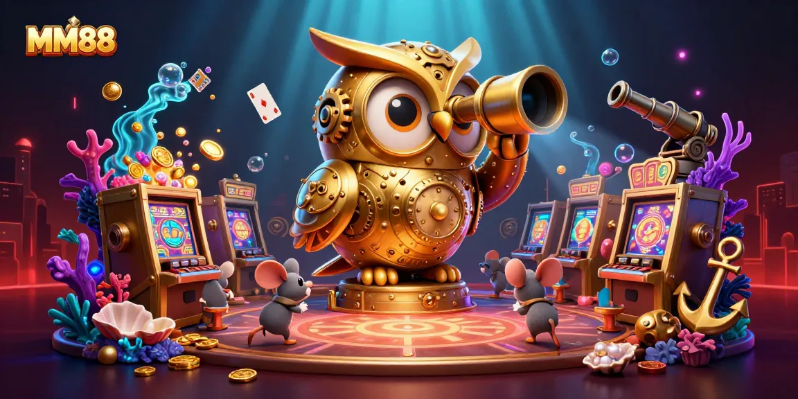 Experience the thrill of MM88 casino with a dynamic scene featuring a clockwork owl, vibrant slot machines, and playful mouse patrons.