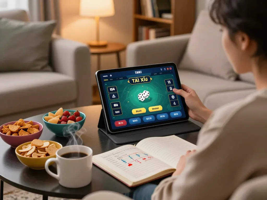 Engaging in Tài Xỉu online gaming at home with tablet interface displaying game options.