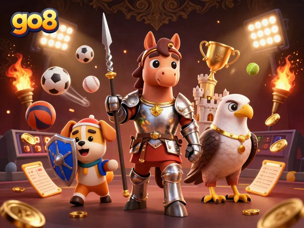 Engage with go8’s thrilling casino games through knights and sports-themed elements in this vibrant 3D illustration.