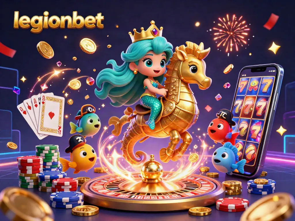 Experience the excitement of legionbet with a vibrant casino scene featuring a mermaid and a giant seahorse amidst gold coins and gaming elements.