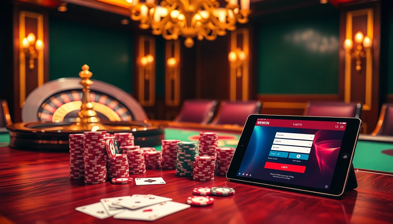 Engage in Đăng nhập 98win at an elegant casino featuring vibrant poker chips, cards, and roulette wheels.