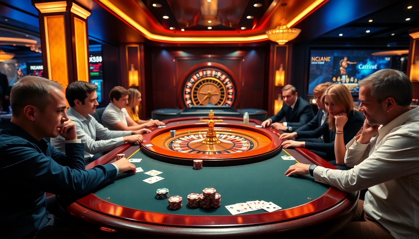 Experience thrilling gaming at https://xx88.pro/ with a vibrant casino table and engaged players.