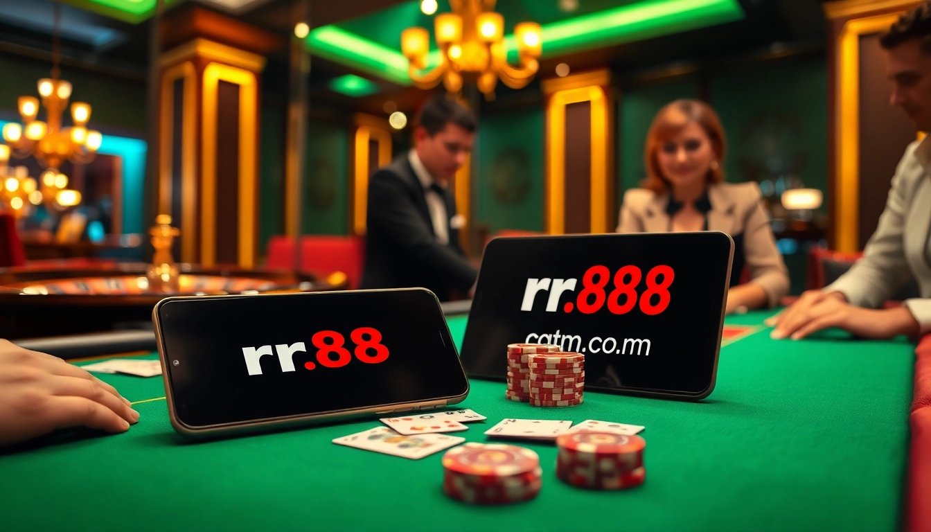 Experience the excitement of gambling at rr88.com with players enjoying blackjack and a luxury casino atmosphere.
