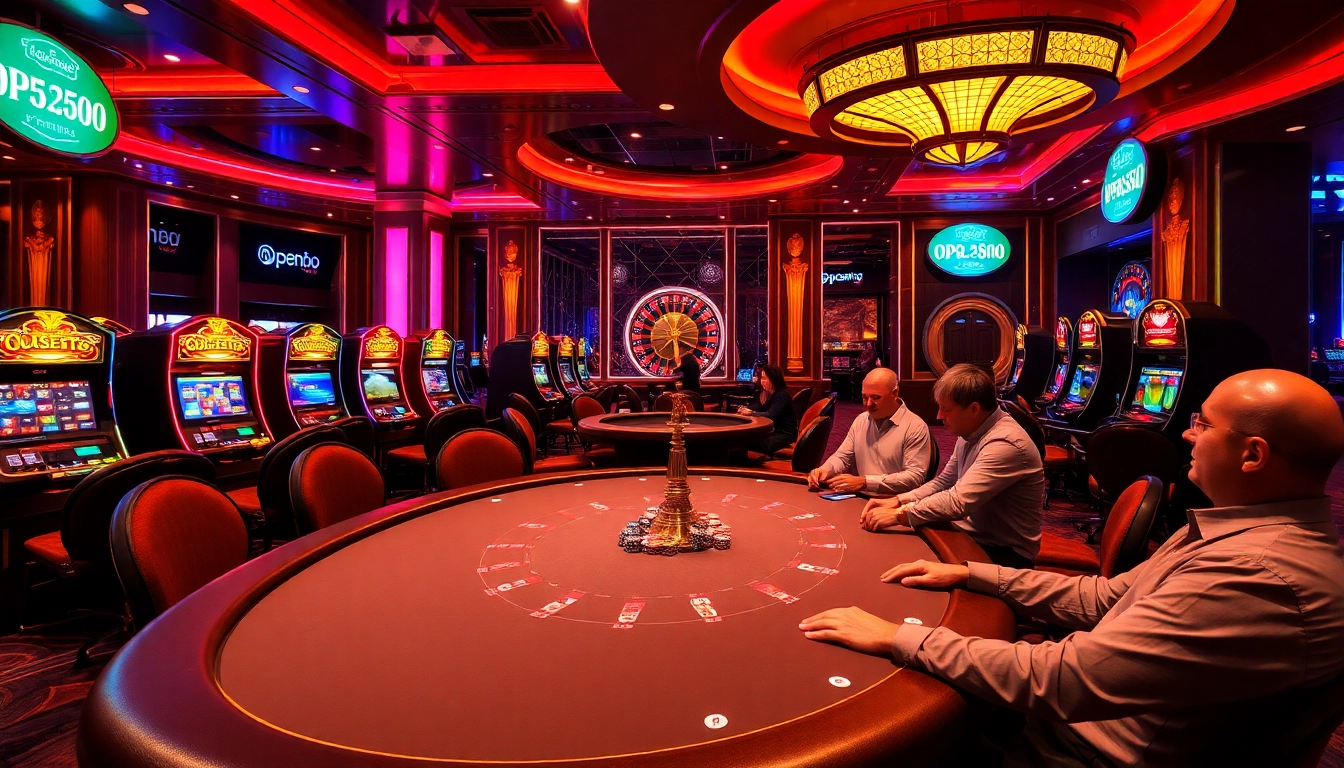 Players engaging at a poker table in the vibrant casino atmosphere of https://open88.gg/, featuring colorful slot machines.