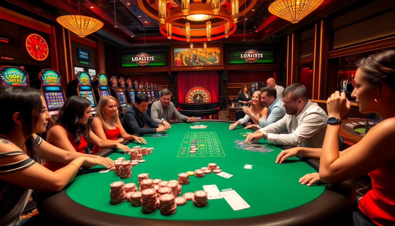 Players immerse in high-stakes poker at Lu88's luxurious casino, showcasing excitement and strategy.