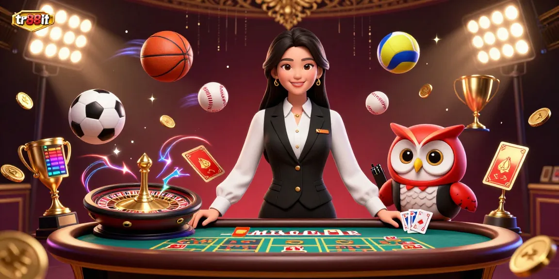 Experience the excitement of tr88it with a vibrant 3D casino scene featuring a stylish dealer and engaging game elements.