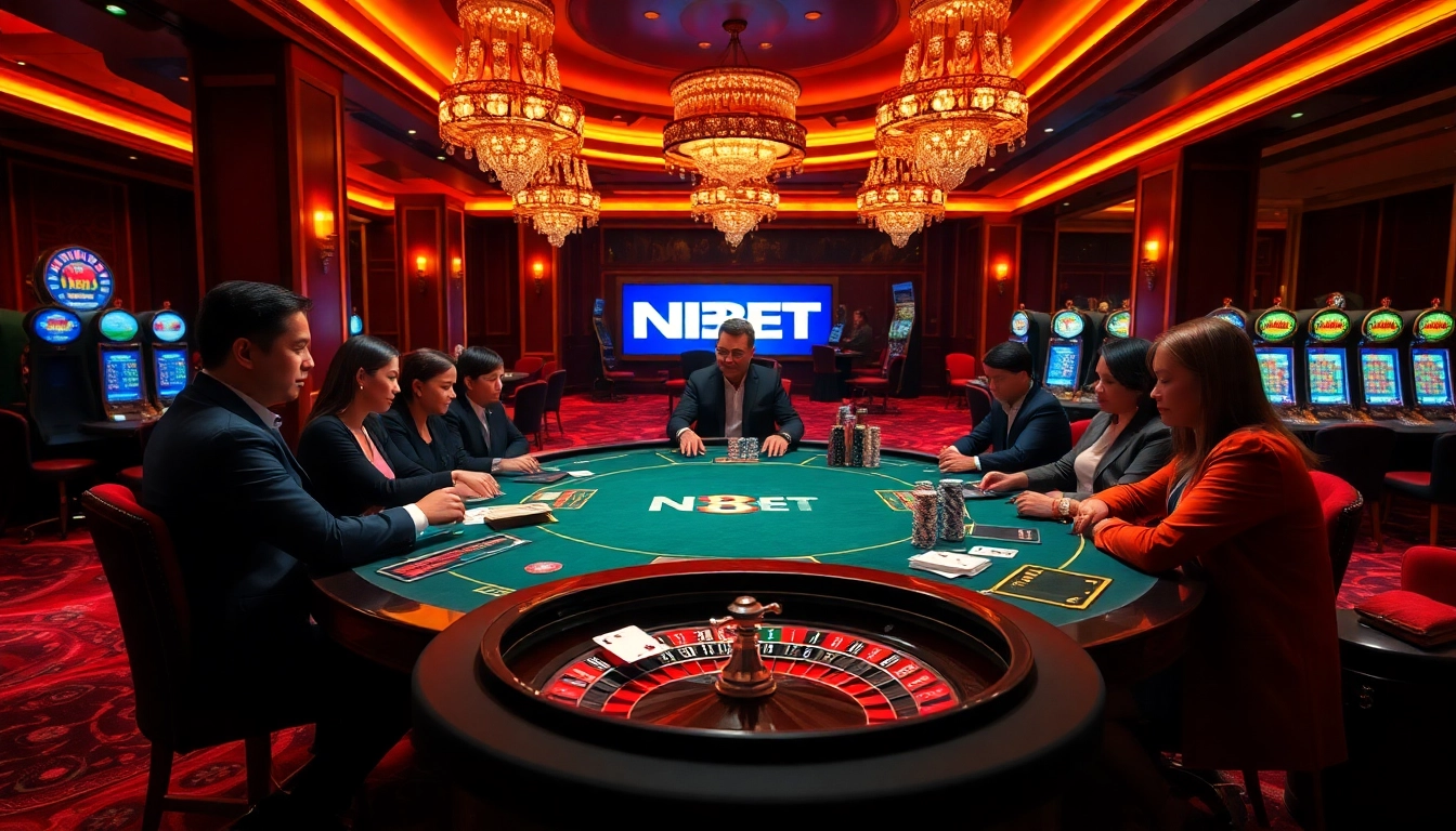 Players enjoy high-stakes poker at an elegant NBET-branded casino table with vibrant decor.